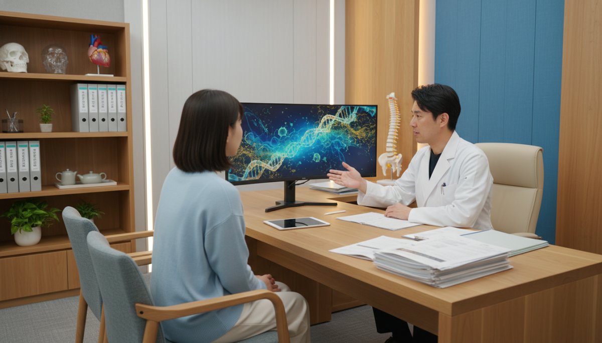 大阪府のクリニックで大腸カメラ検査の説明を受ける患者