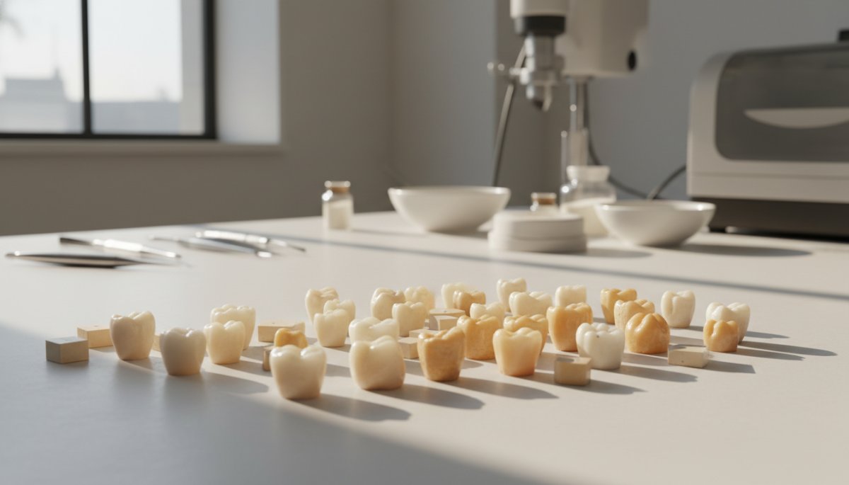 様々な種類のセラミック歯科材料のサンプル