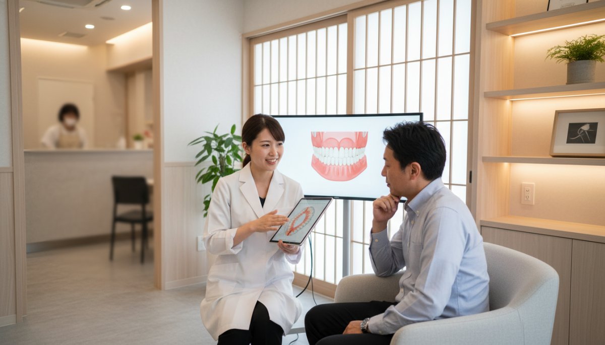 歯科医師が患者に治療計画を説明している様子
