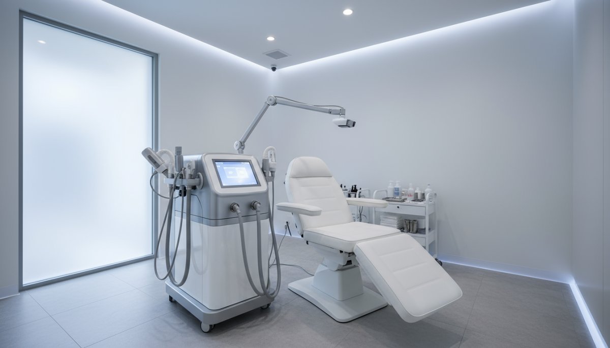 レーザー治療機器を使用する美容皮膚科の施術風景