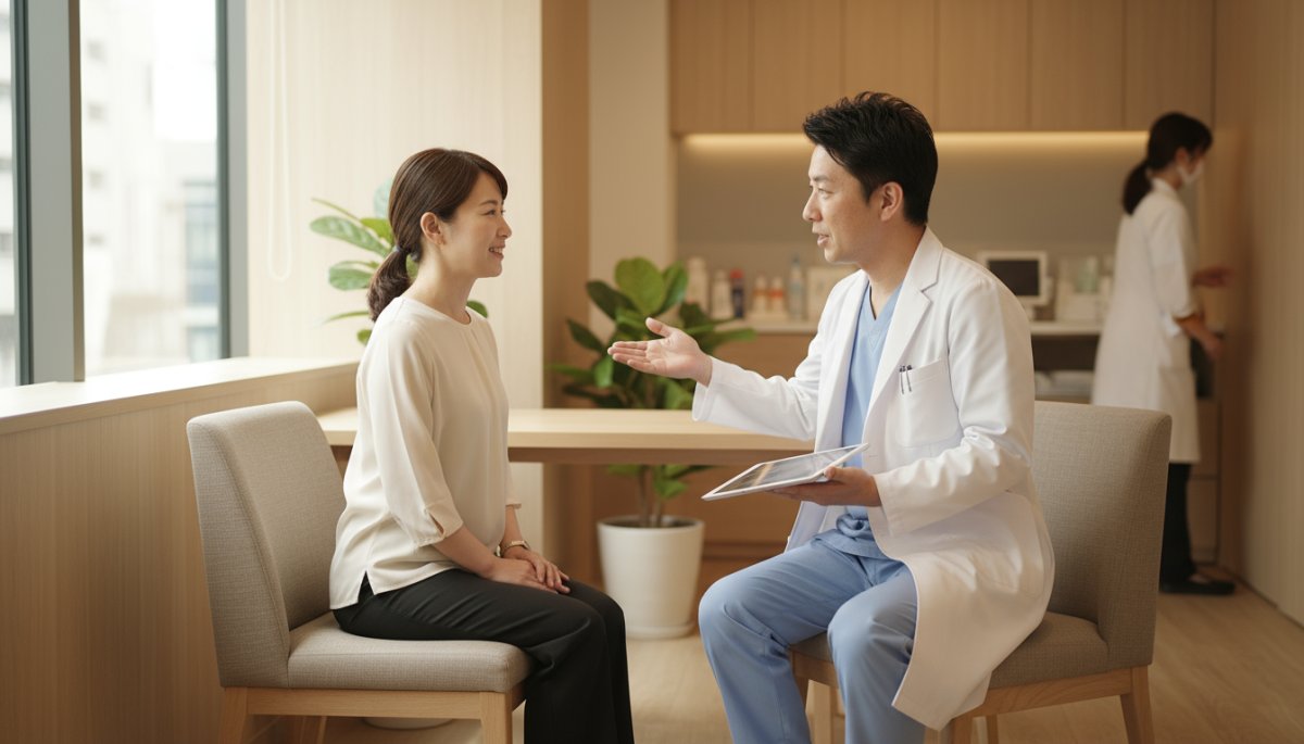 クマ取り施術のアフターケアを説明する医師