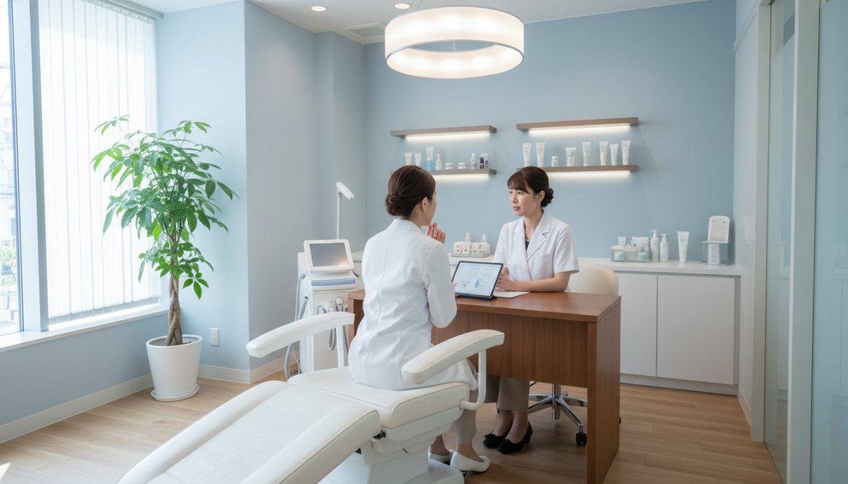 東京都内の美容皮膚科クリニックの診察室で医師がカウンセリングを行う様子