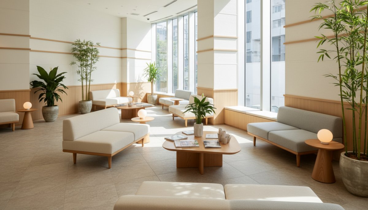 東京都心の美容皮膚科クリニックの待合室の明るく清潔な空間