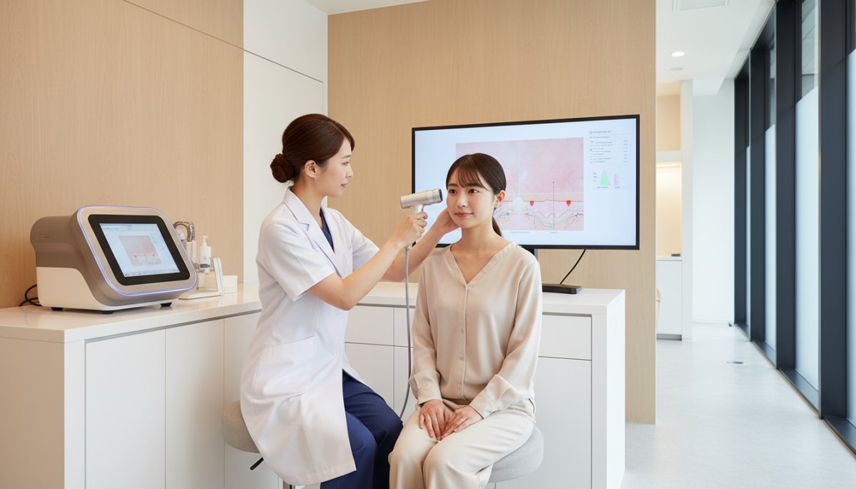 美容皮膚科での肌診断機器を使用したカウンセリングの様子