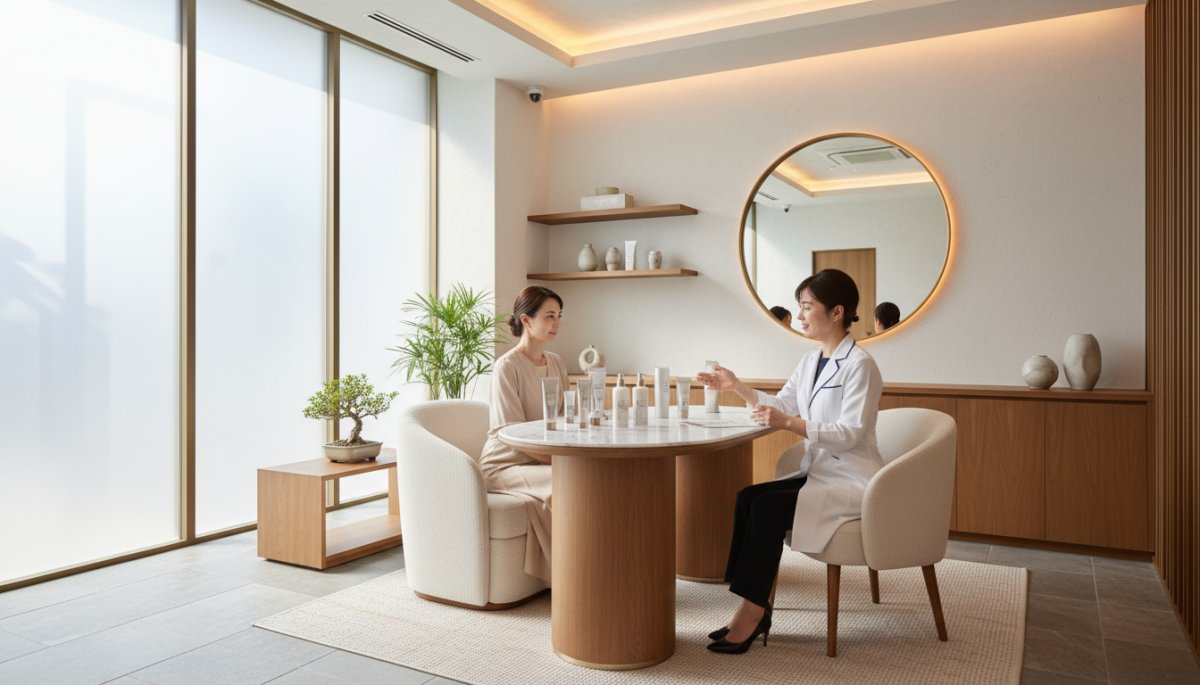 美容皮膚科の施術後のスキンケアカウンセリング風景