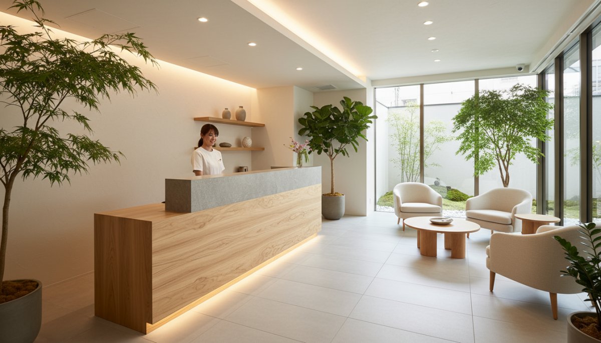 美容皮膚科クリニックの受付カウンターと清潔な待合スペース